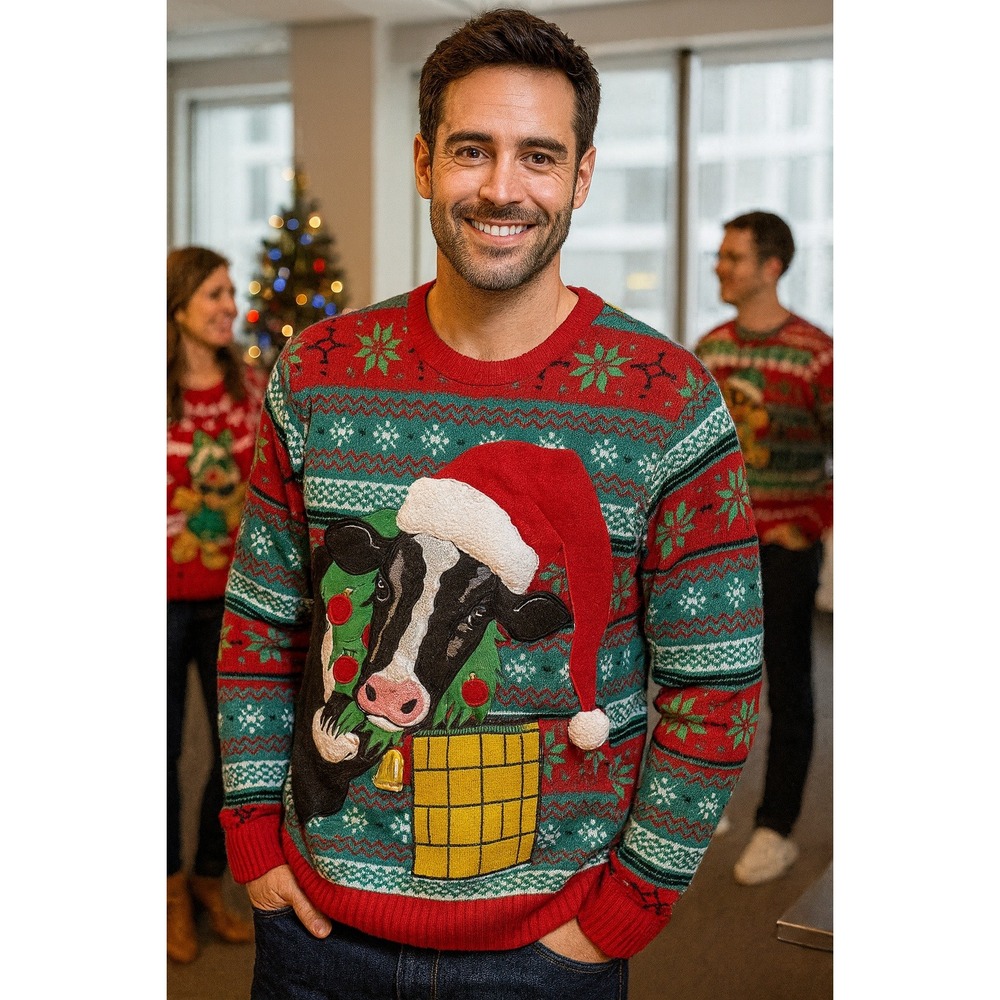 Ugly Christmas Sweater L Santa Cow Farm Holiday Party‎ RedGreen Snowflake Pocket